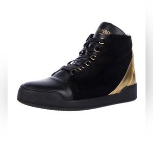 BALMAIN black & gold leather/suede sneakers